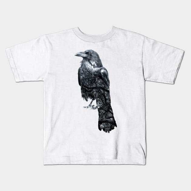 Double Exposure Crow & Tree Branches Kids T-Shirt by SingeDesigns